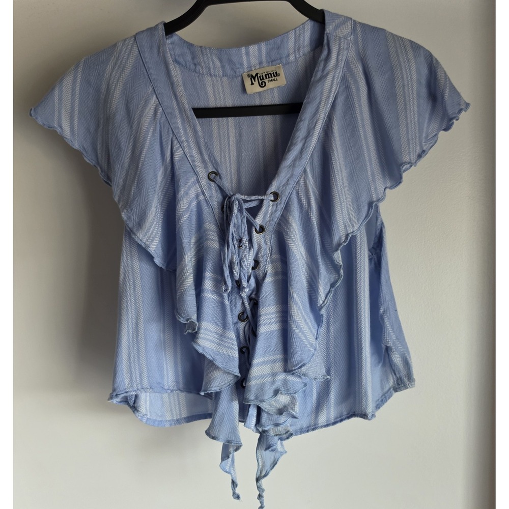 Show Me Your Mumu Blouse Small Blue Striped V-Neck Sleeveless Top Shirt Boho